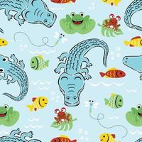 vector naadloos patroon van moeras dieren tekenfilm. krokodil, kikker, vissen, libel.
