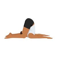 Mens aan het doen oor druk houding, halasana variatie knieën naar vloer, doof mans houding. praktijk karnapidasana.. vlak vector illustratie geïsoleerd Aan wit achtergrond