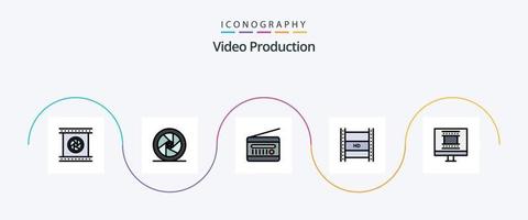 video productie lijn gevulde vlak 5 icoon pak inclusief hd in filmmaken. digitaal video omroep. superheld. wijnoogst radio. radio vector