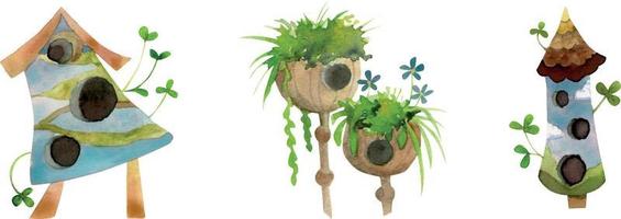 waterverf hand- getrokken reeks van vogelhuisjes met planten en bloemen, geïsoleerd Aan wit achtergrond. ontwerp elementen voor kaarten, geschenk Tassen, uitnodigingen, textiel, afdrukken, behang, voor kinderen vector