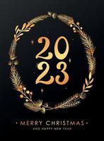 Kerstmis en nieuw jaar groet kaart, poster, afdrukken, uitnodiging, sjabloon met hand- getrokken Spar boom takken en getallen 2023. goud belettering Aan zwart achtergrond. eps 10 vector