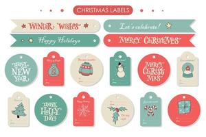 reeks van Kerstmis etiketten, stickers, geschenkartikelen decor versierd met krabbels, belettering citaten en ruimte voor notities. eps 10 vector