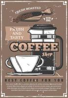 koffie winkel retro poster met kop en bonen vector