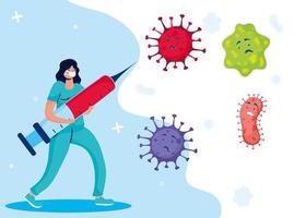 arts vecht tegen virus met vaccin stripfiguren vector
