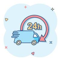 vector tekenfilm levering vrachtauto 24 uur icoon in grappig stijl. 24 uren snel levering onderhoud Verzending teken illustratie pictogram. auto busje bedrijf plons effect concept.