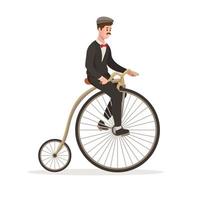 Mens rijden wijnoogst oud fiets groot wiel tekenfilm illustratie vector