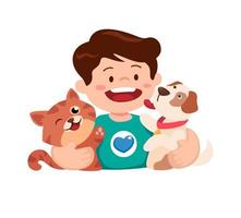 jongen met huisdier katje en puppy dier minnaar symbool karakter mascotte tekenfilm illustratie vector