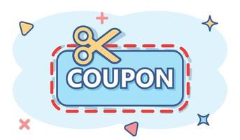 korting coupon icoon in grappig stijl. schaar met prijs label vector tekenfilm illustratie Aan wit geïsoleerd achtergrond. uitverkoop sticker bedrijf concept plons effect.