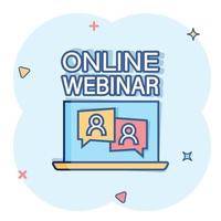 leven webinar icoon in grappig stijl. online opleiding tekenfilm vector illustratie Aan geïsoleerd achtergrond. conferentie stroom plons effect teken bedrijf concept.