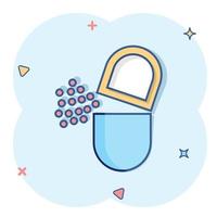 vitamine pil Notitie icoon in grappig stijl. capsule tekenfilm vector illustratie Aan wit geïsoleerd achtergrond. antibiotica plons effect teken bedrijf concept.