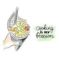 Koken is mijn passie, hand- belettering, gekookt maïs, modieus manicuren, straat voedsel vector