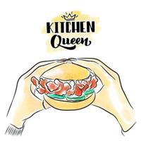 Koken koningin, hand- belettering, lekker Hamburger in handen met mooi manicuren, straat voedsel vector