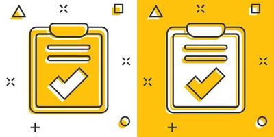 document checklist icoon in grappig stijl. verslag doen van tekenfilm vector illustratie Aan wit geïsoleerd achtergrond. papier vel plons effect bedrijf concept.