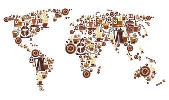 koffie wereld kaart met continent van heet drinken kop vector
