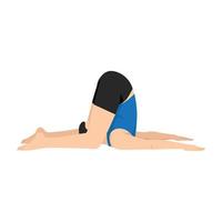 Mens aan het doen oor druk houding, halasana variatie knieën naar vloer, doof mans houding. praktijk karnapidasana.. vlak vector illustratie geïsoleerd Aan wit achtergrond