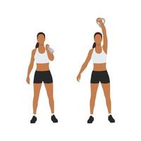 vrouw aan het doen een arm kettlebell Duwen en druk op oefening. vlak vector illustratie geïsoleerd Aan wit achtergrond