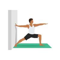 yoga man in virabhadrasana 2 of krijger ii pose. mannelijke stripfiguur die hatha yoga beoefent. man die oefening demonstreert tijdens gymnastiektraining. platte vectorillustratie. vector