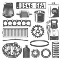 auto reserveonderdelen en olie bus, aantal bord pictogrammen vector