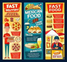 snel voedsel heet hond leverancier, pizza en taco's vector