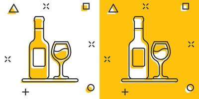 wijn glas en fles icoon in grappig stijl. Champagne drank tekenfilm vector illustratie Aan geïsoleerd achtergrond. cocktail drinken plons effect teken bedrijf concept.