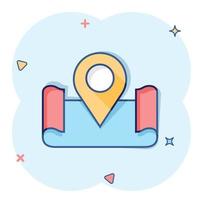 kaart pin icoon in grappig stijl. GPS navigatie tekenfilm vector illustratie Aan wit geïsoleerd achtergrond. bevind zich positie plons effect bedrijf concept.