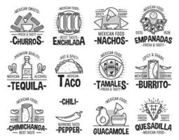Mexicaans keuken en snel voedsel pictogrammen vector