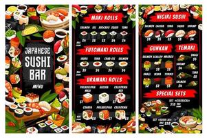 Japans keuken menu, vector sushi en broodjes