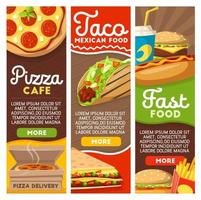 snel voedsel pizza en Mexicaans taco's levering menu vector