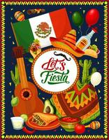 gitaar, sombrero, Mexicaans vlag en feest voedsel vector