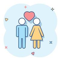vector tekenfilm Mens en vrouw met hart icoon in grappig stijl. mensen teken illustratie pictogram. relaties bedrijf plons effect concept.