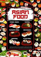 Japans sushi en broodjes types menu, Japan voedsel vector