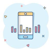 telefoon diagram icoon in grappig stijl. smartphone groei statistisch tekenfilm vector illustratie Aan wit geïsoleerd achtergrond. apparaatje analytics plons effect bedrijf concept.