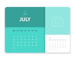 creatief minimaal bedrijf maandelijks 2023 kalender sjabloon vector. bureau, muur kalender voor afdrukken, digitaal kalender of planner. week begin Aan maandag. gemakkelijk modern jaar- kalender lay-out ontwerp. juli. vector