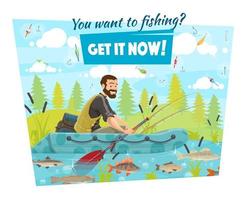 visser in boot, visvangst sport, haken en aas vector