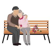 ouderen paar is zittend Aan een bank in de park vector illustratie.senioren rust uit buitenshuis.dating oud mensen.twee senior geliefden besteden tijd samen vlak illustratie geïsoleerd Aan wit achtergrond