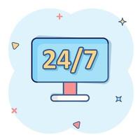 24 7 computer icoon in grappig stijl. allemaal dag onderhoud tekenfilm vector illustratie Aan wit geïsoleerd achtergrond. ondersteuning plons effect bedrijf concept.