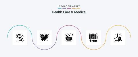 Gezondheid zorg en medisch glyph 5 icoon pak inclusief spijsvertering. eerste hulp. schaal. noodgeval. kruiden vector