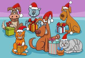 grappig tekenfilm dieren groep met Kerstmis cadeaus vector