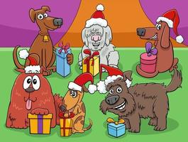 tekenfilmgroep voor honden en puppy's in de kersttijd vector