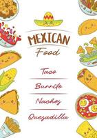Mexicaans snel voedsel menu sjabloon met kawaii voedsel in tekenfilm tekening stijl. poster voor voedsel eerlijk en feest vector