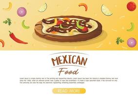 website landen bladzijde sjabloon met Mexicaans schotel fajita gebakken vlees met groenten en kaas Aan een houten dienblad. snel voedsel restaurant en straat voedsel hapjes, vlees tortilla's, meenemen voedsel levering vector