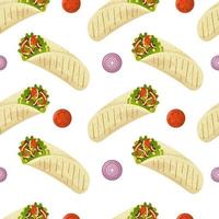naadloos patroon met Mexicaans voedsel burrito, ui en tomaat ringen. snel voedsel restaurant en straat voedsel hapjes, vlees tortilla's, meenemen voedsel levering vector