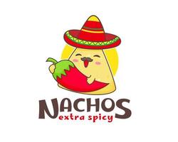 nacho's tekenfilm logo. Mexicaans voedsel. traditioneel straat voedsel. schattig aanbiddelijk voedsel karakter concept. nacho's slijtage sombrero hoed met rood Chili heet peper. vector kunst illustratie