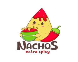 nacho's tekenfilm logo. Mexicaans traditioneel straat voedsel. schattig aanbiddelijk voedsel karakter concept. nacho's met rood Chili heet peper. vector kunst illustratie