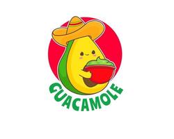 guacamole tekenfilm logo. schattig avocado draagt sombrero hoed met guacamole saus. Mexicaans traditioneel straat voedsel. vector kunst aanbiddelijk karakter.