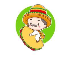 taco's logo tekenfilm illustratie. schattig chef draagt sombrero hoed Holding taco's. Mexicaans traditioneel straat voedsel. aanbiddelijk Mexicaans chef. vector kunst illustratie