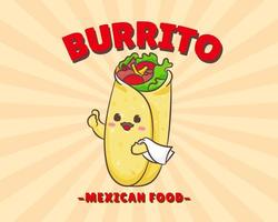 Mexicaans traditioneel voedsel. heerlijk burrito's. schattig burrito Holding servetten. schattig burrito vector tonen duim omhoog