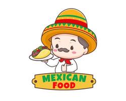 taco's logo tekenfilm illustratie. schattig chef draagt sombrero hoed Holding taco's tonen duimen omhoog. Mexicaans traditioneel straat voedsel. aanbiddelijk Mexicaans chef. vector kunst illustratie