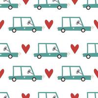 grappig auto's met rood harten. schattig naadloos patroon met doodles vector