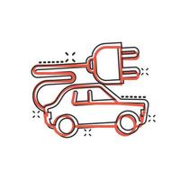 elektrisch auto icoon in grappig stijl. elektro auto tekenfilm vector illustratie Aan wit geïsoleerd achtergrond. ecologie vervoer plons effect bedrijf concept.